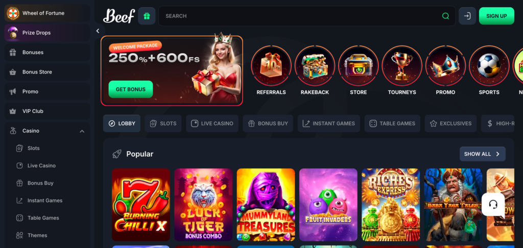 Beef Casino home page