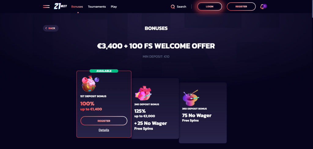 21bit Casino promotions as seen when testing 