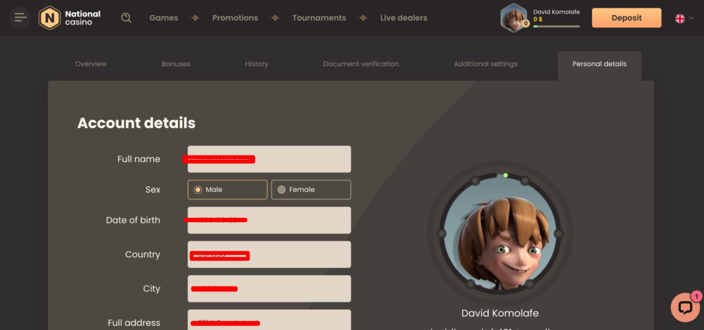 National Casino profile setting
