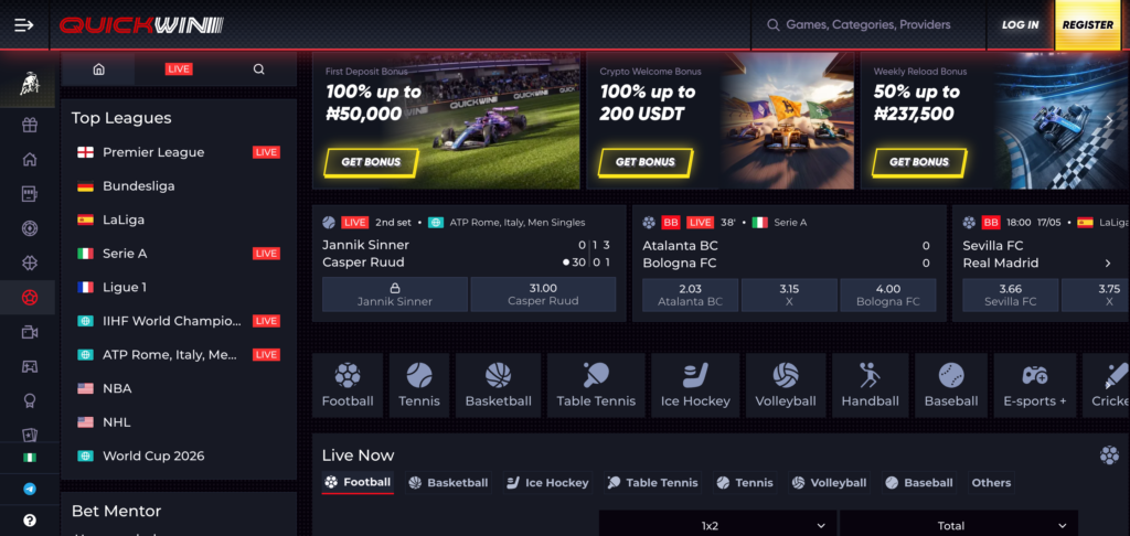 Quickwin sportsbook as seen when testing