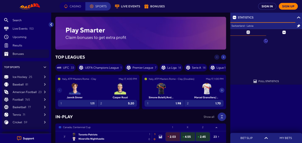 Dazard sportsbook as seen when testing