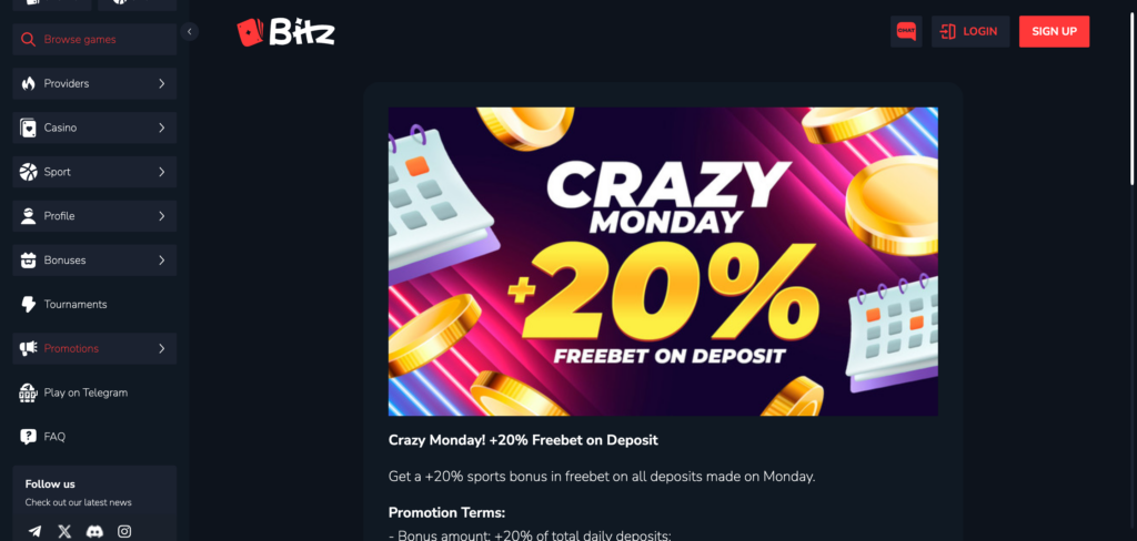 Bitz Casino promotions as seen when testing