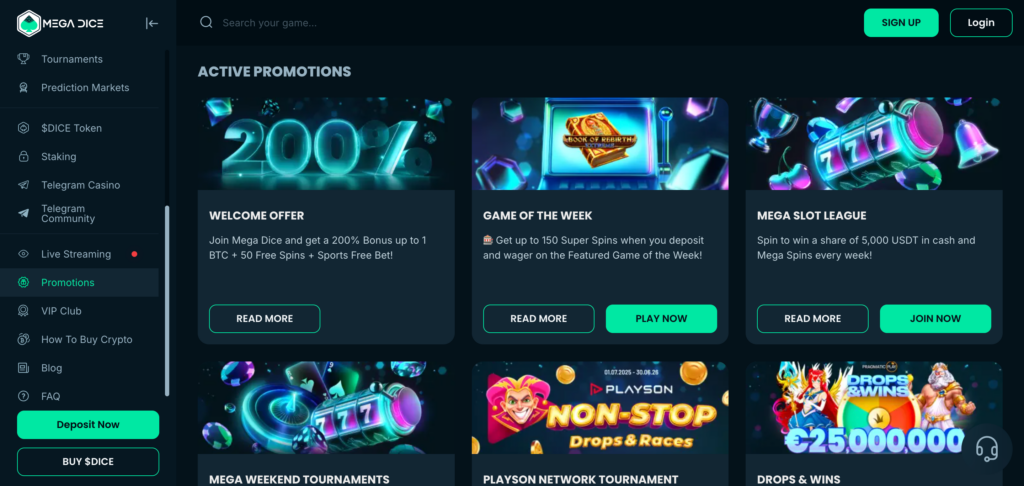 Mega Dice promotions seen when testing