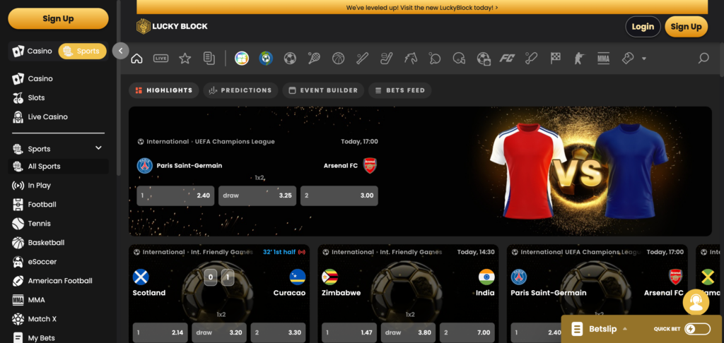 Lucky Block Casino sports seen when testing