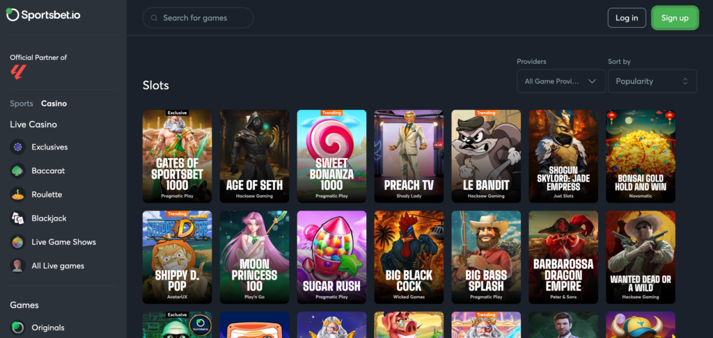 Sportsbet.io casino games seen when testing