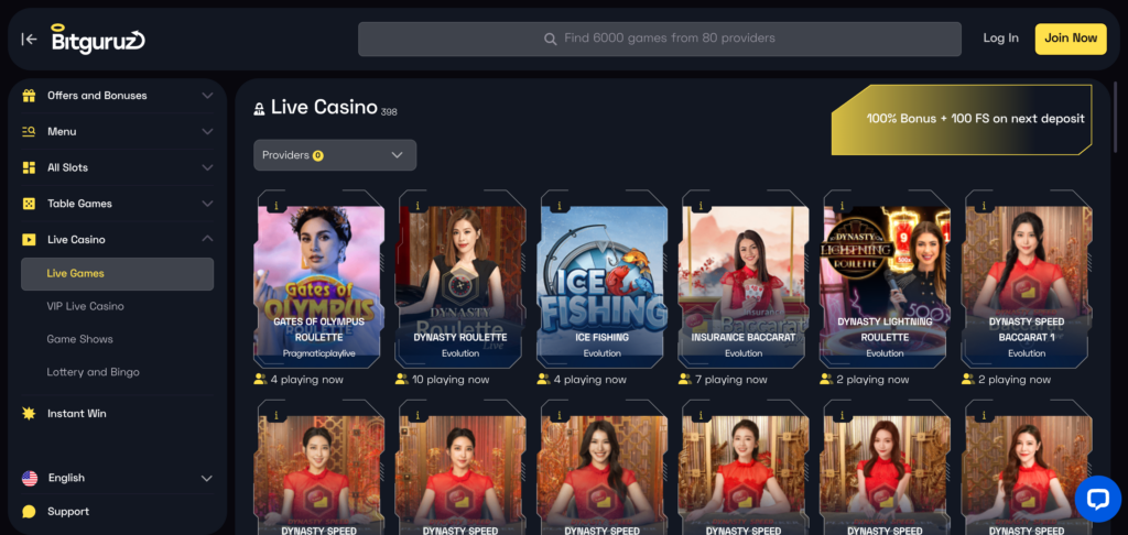 Bitguruz live casino as seen when testing 