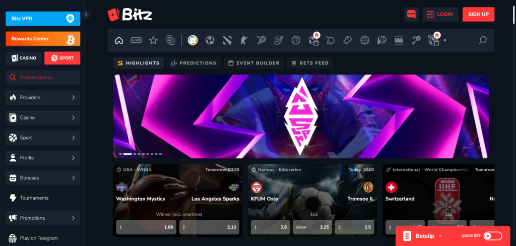 Bitz Casino sportsbook as seen when testing