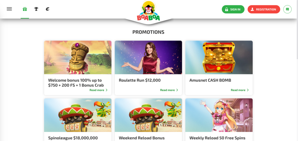 BoaBoa casino promotions as seen when testing 