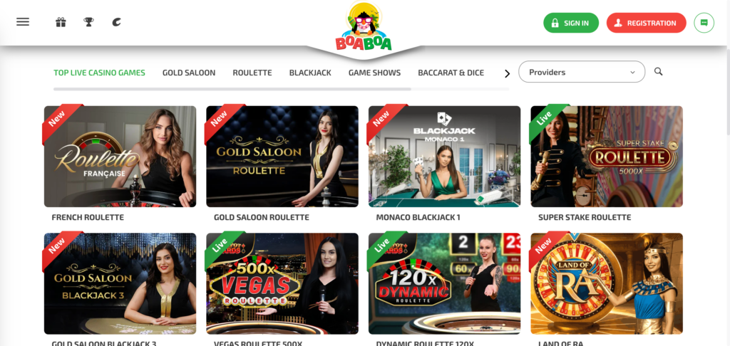 BoaBoa casino live casino as seen when testing