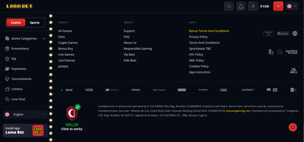 Lamabet footer