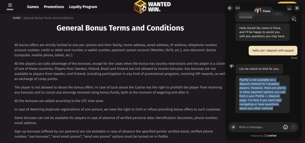 Wanted Win support chat conversation