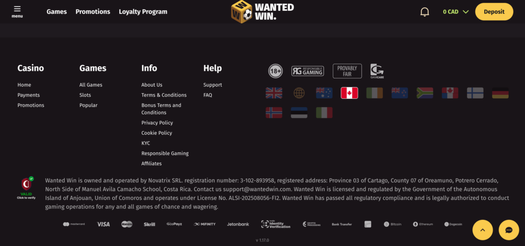 Wanted Win footer
