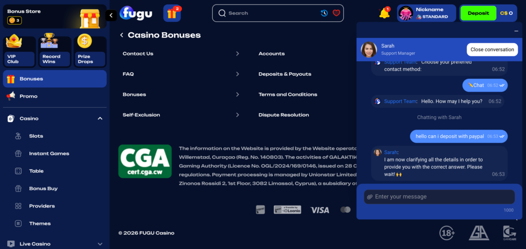 Fugu Casino support