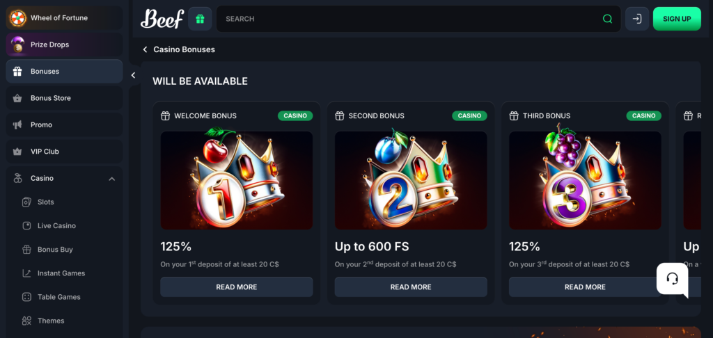 Beef Casino promotions as seen when testing
