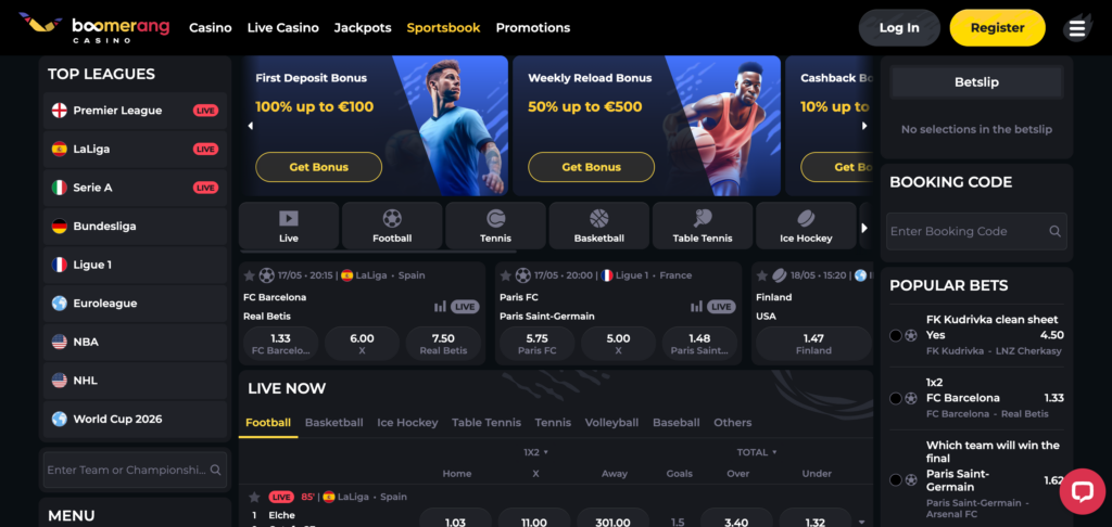 Boomerang Casino sportsbook as seen when testing