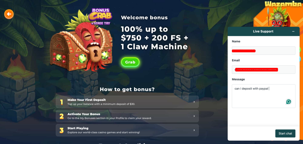 Wazamba support chat