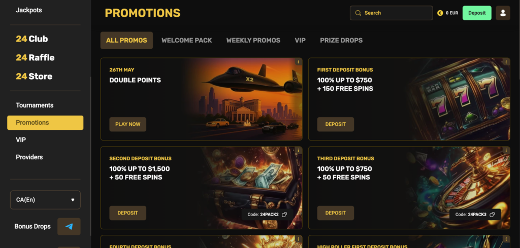 24Casino promotions as seen when testing
