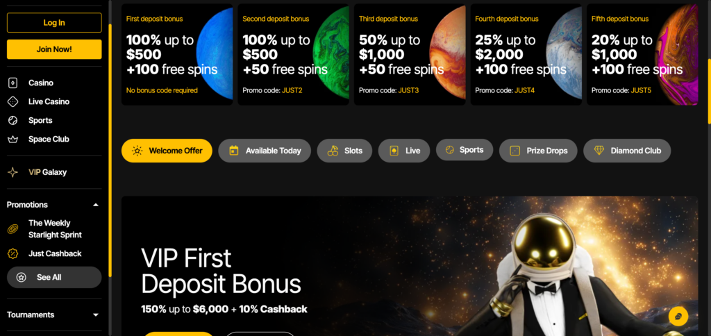 JustCasino.com promotion as seen when testing