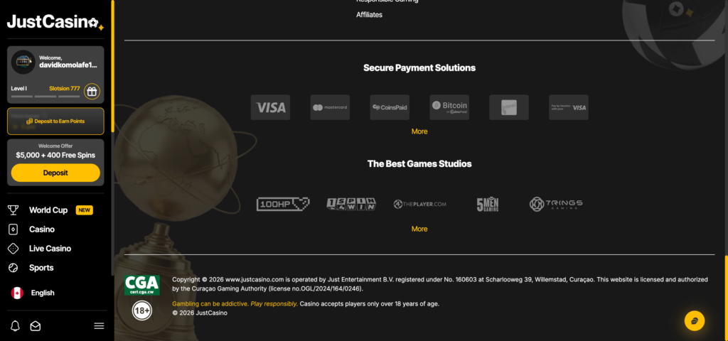 JustCasino footer 