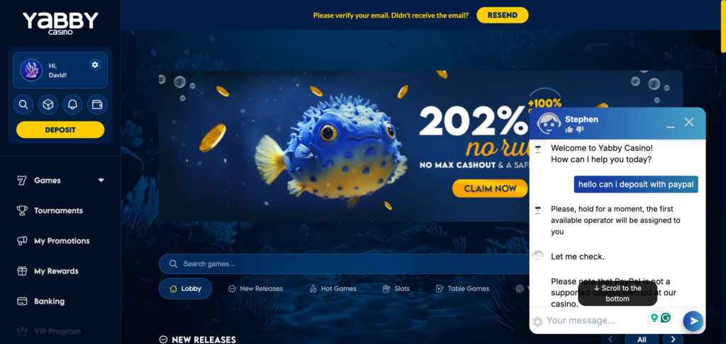 Yabby Casino support chat conversation