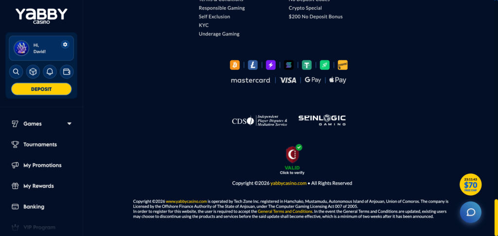 Yabby Casino footer