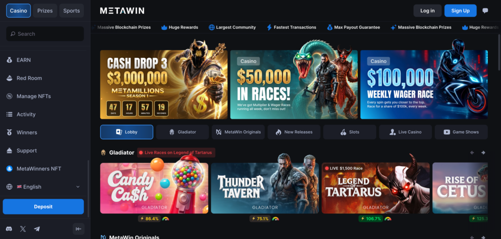 MetaWin casino games as seen when testing
