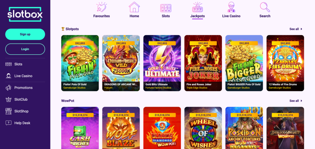 Slotbox Casino games as seen when testing