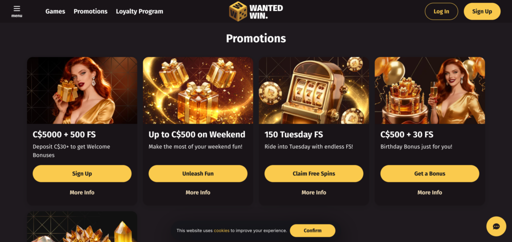Wanted Win casino promotion as seen when testing