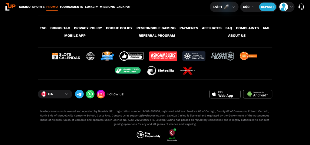 Levelup casino footer
