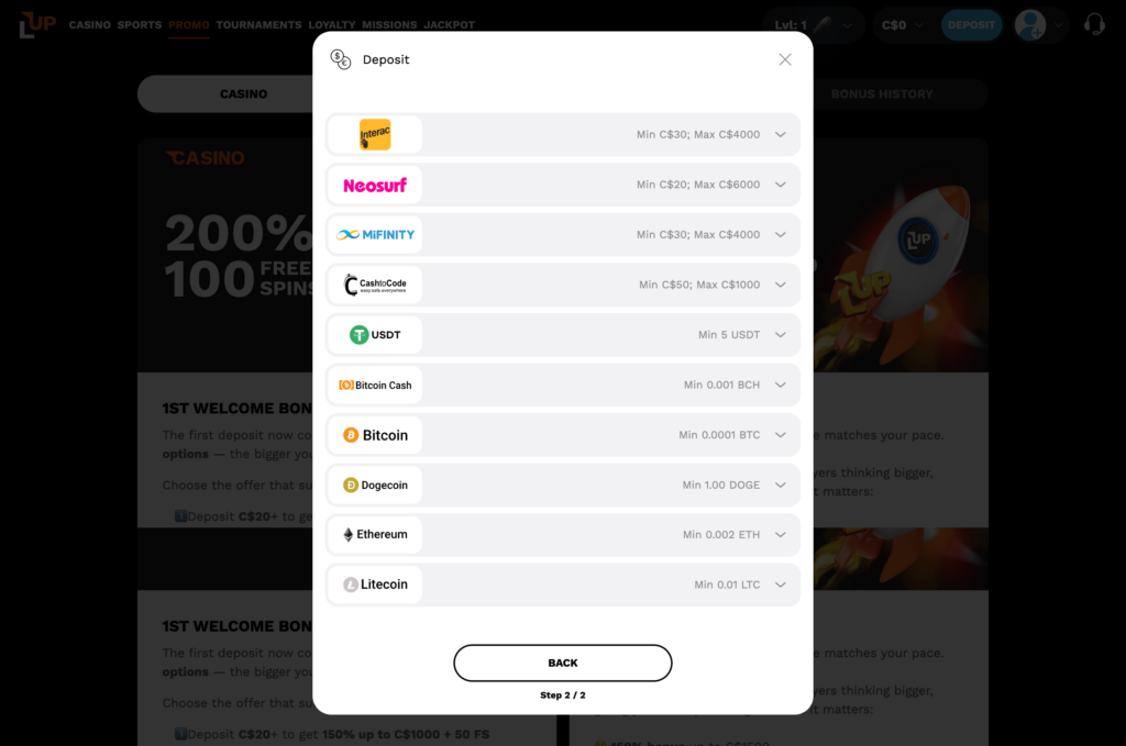 LevelUp Casino deposit methods