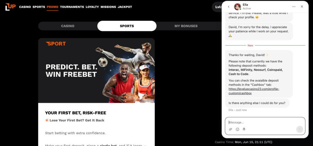 LevelUp Casino support chat conversation