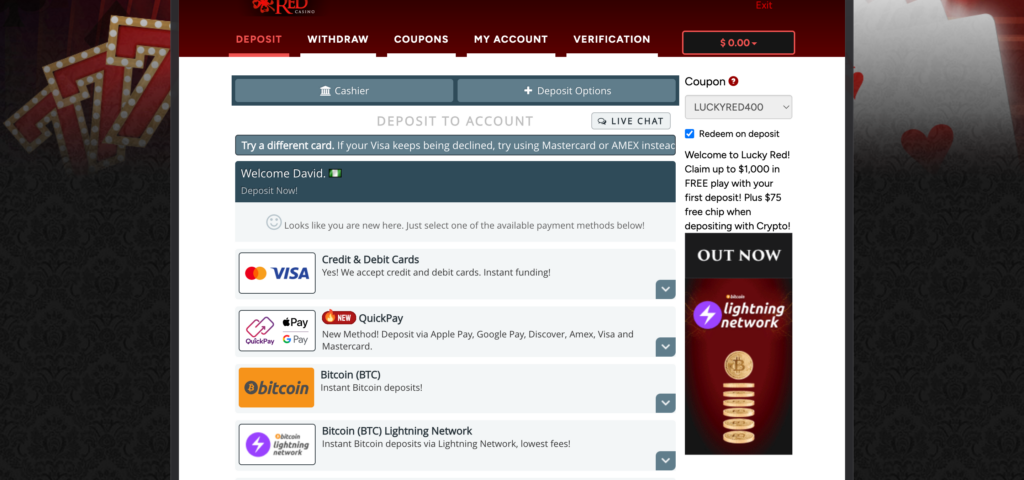 lucky red casino deposit method