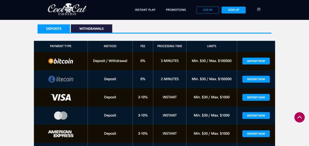 CoolCat Casino deposit method as seen when testing