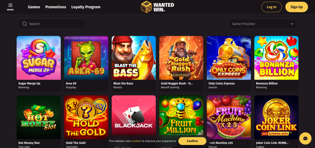 Wanted Win casino games as seen when testing