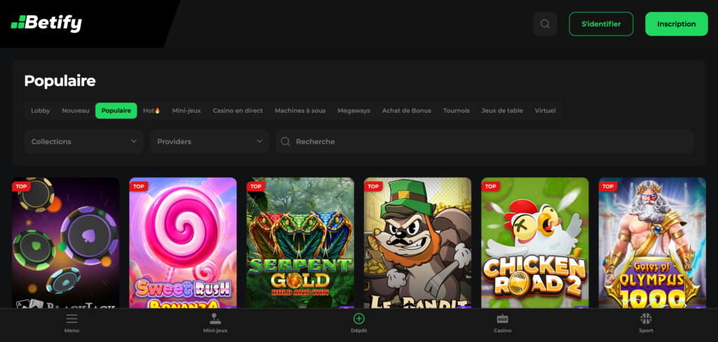 Betify games as seen when testing