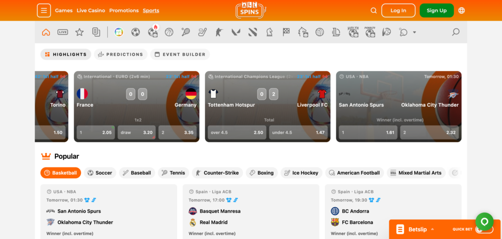 AllSpins Casino sportsbook as seen when testing