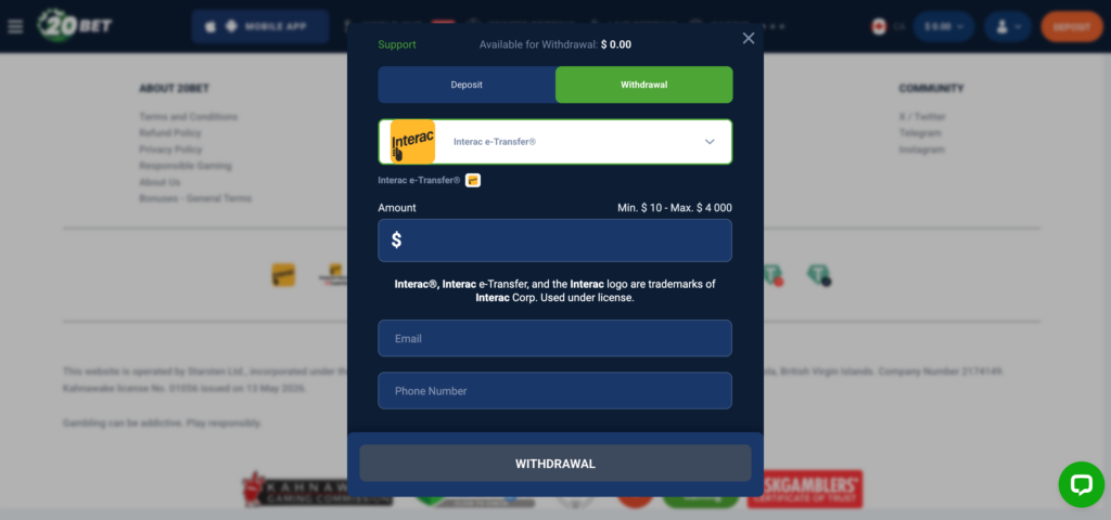20Bet withdrawal methods