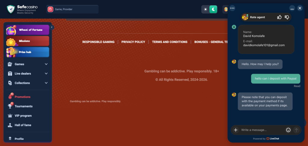 SafeCasino support chat conversations 