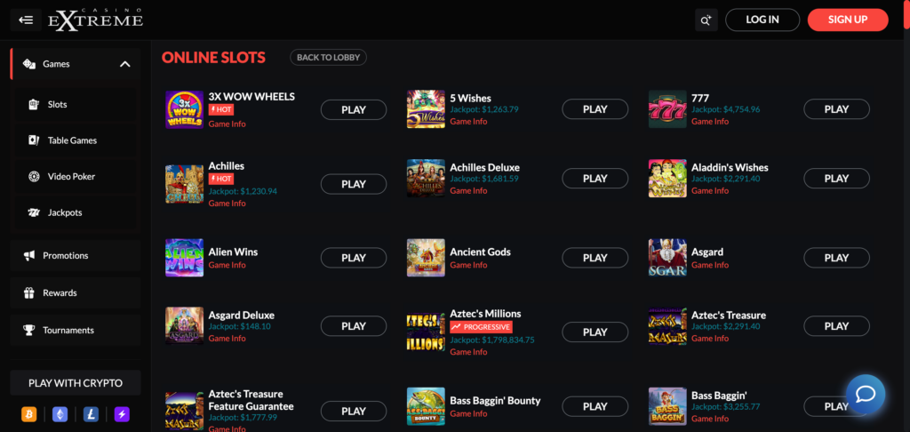 Casino Extreme games as seen when testing