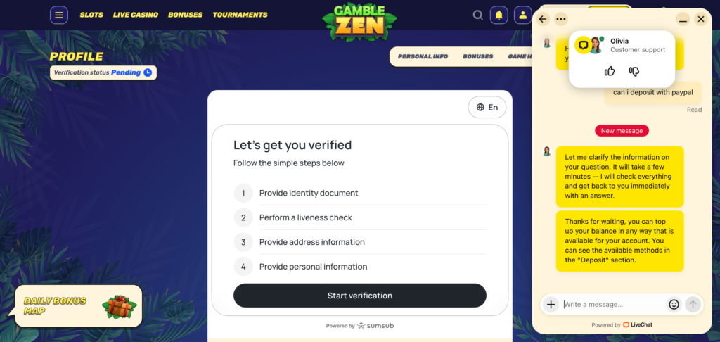 Gamblezen support chat conversatiom