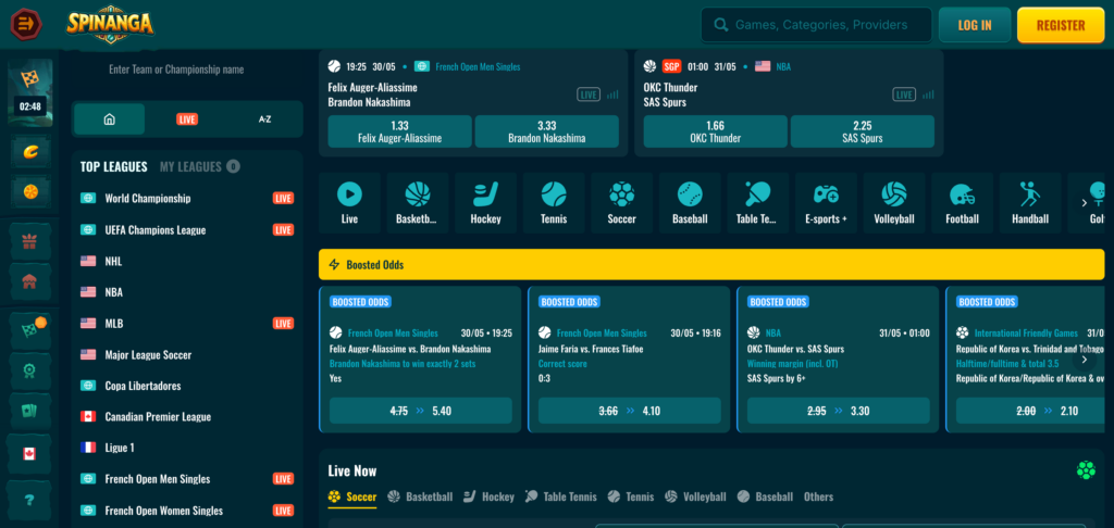 Spinanga sportsbook as seen when testing