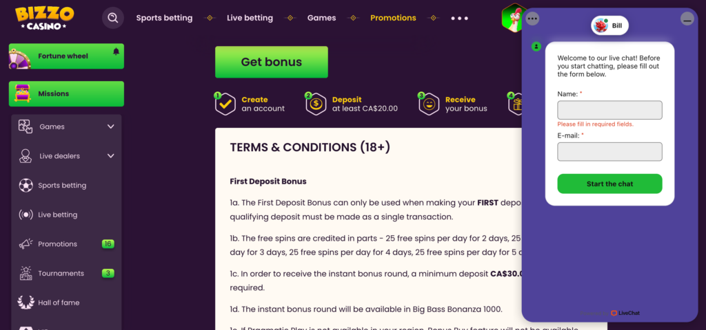 Bizzo Casino live support