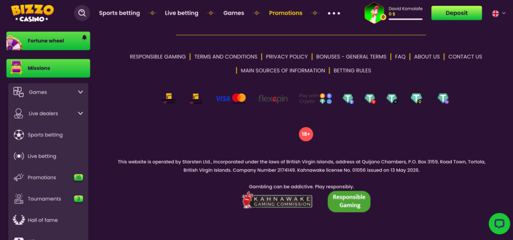 Bizzo Casino footer