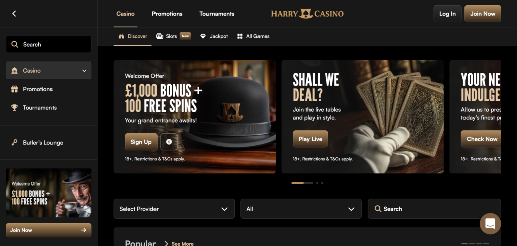 Harry Casino home page 