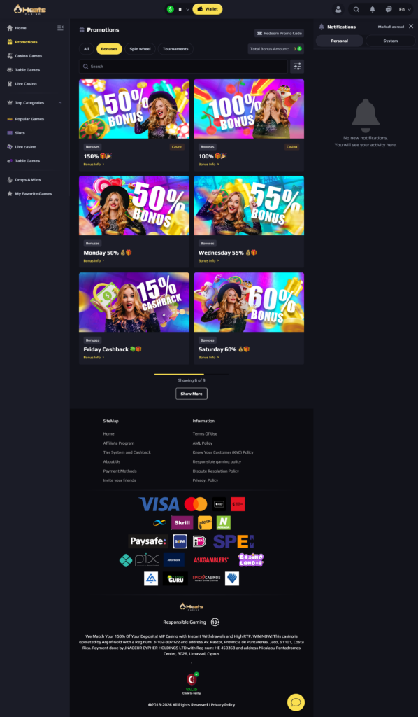 Heats Casino bonus list