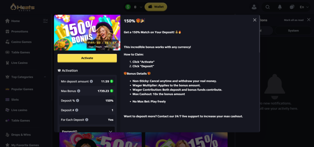 Heats Casino welcome bonus