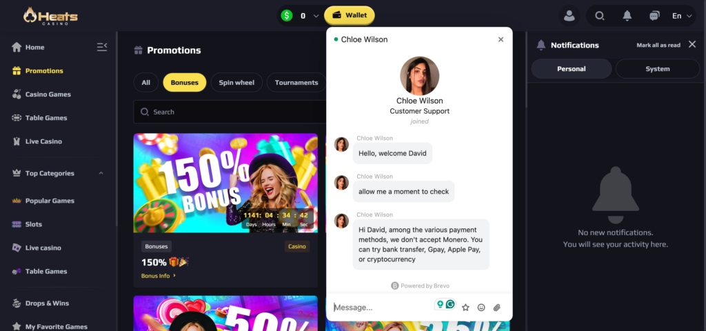 Heats Casino support chat 2
