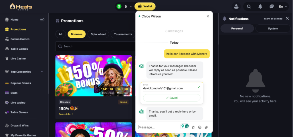 Heats Casino support chat