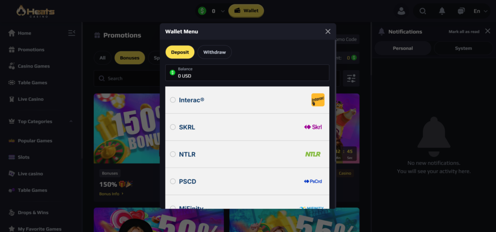 Heats Casino deposit methods