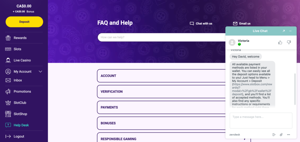 Slotbox support chat